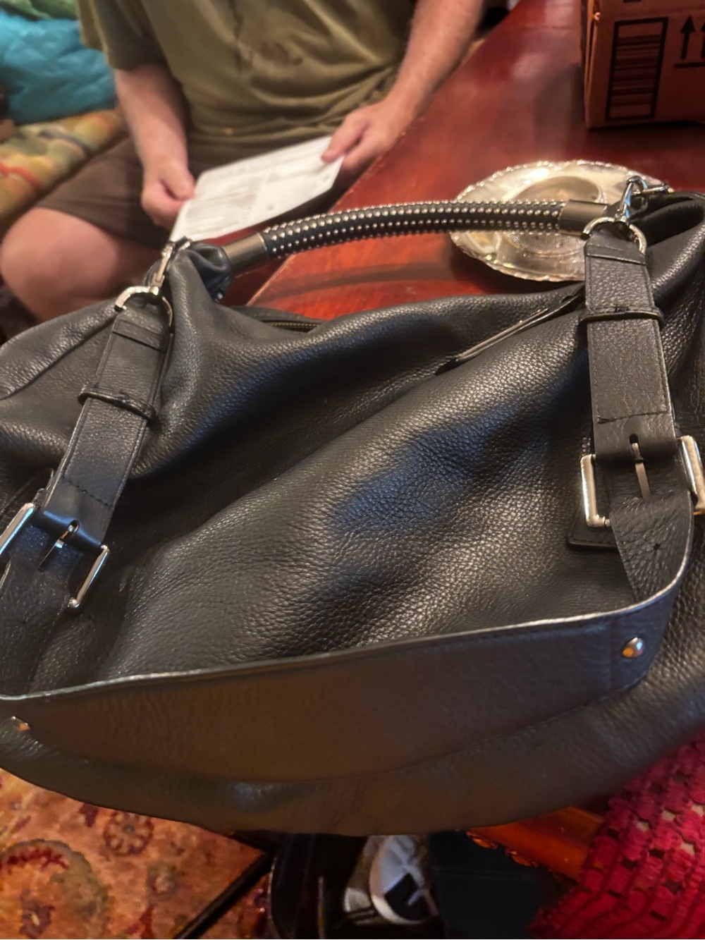 Kenneth Cole Black Leather Hobo Bag with Silver Hardware